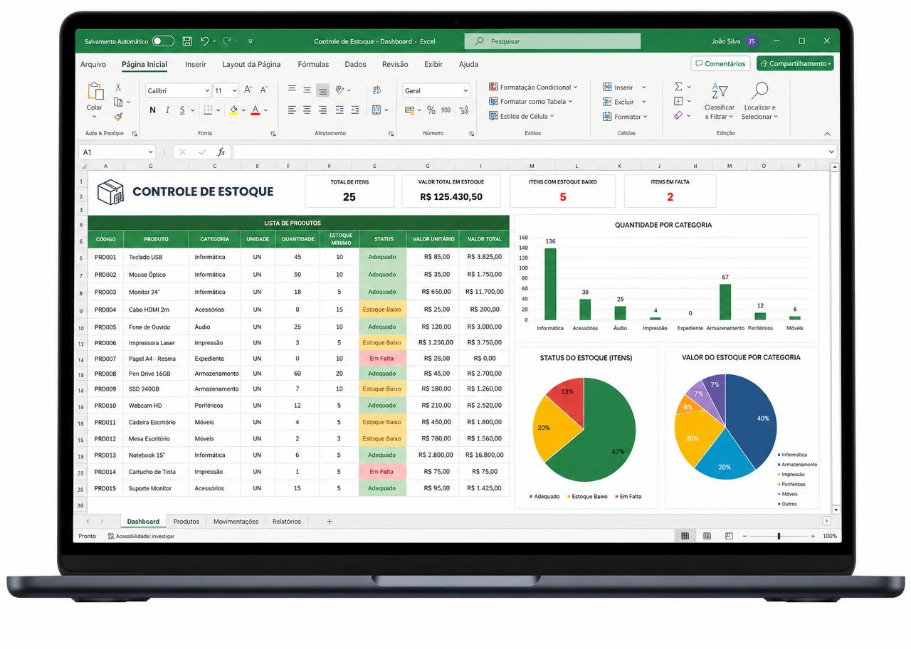Planilha de Controlo de Estoque aberta no Excel